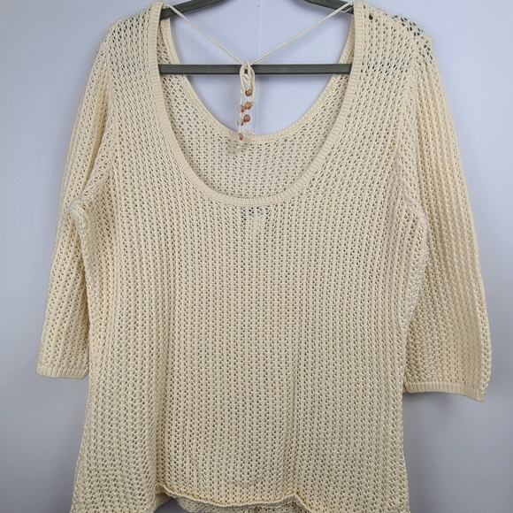 Old Navy vintage open back knit 3/4 sleeve beige coastal grandma sweater, sz XL - Picture 2 of 9